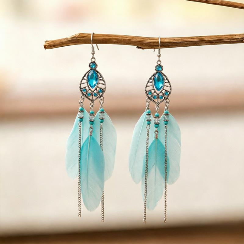 1 Pair Ethnic Colorful Natural Feather Earrings For Women Retro Long Rhinestone Crystal Leaf Dangle Earrings Boho Vacation Jewel