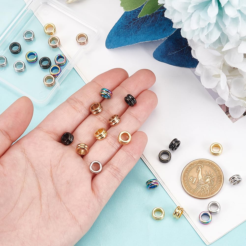 UNICRAFTALE 30Pcs 5 Colors Paracord Bead Stainless Steel Grooved Beads Column Lanyard Spacer Beads 8x4mm Beads 5mm Large Hole Beads Metal Bracelet