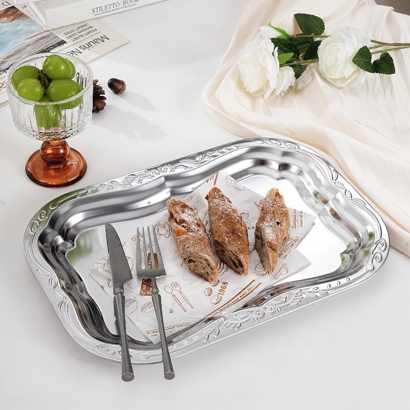 3pcs Elegant Stainless Steel Serving Tray Set Retro Dessert Breakfast Trays Decor Plate with Floral for Serving Drinks and Snack