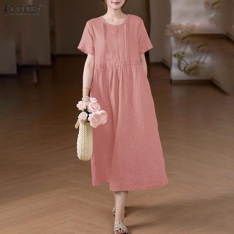 ZANZEA Damska luźna sukienka z krótkim rękawem i okrągłym dekoltem w jednolitym kolorze