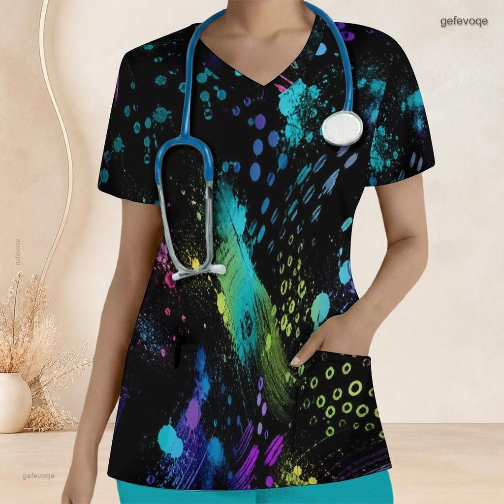 Women Plus Size V Neck Short Sleeve Black Multicolor Printed Nurse Scrub Top With Front Pockets