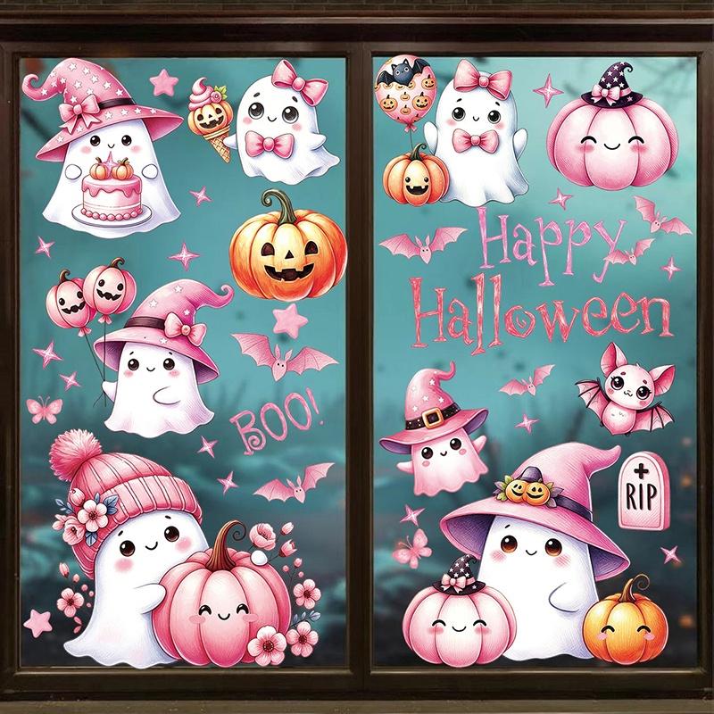 6/8/9 Sheets Halloween Window Clings Cute Ghost Pumpkin Bat Removable Self Adhesive For Home Party Glass Decor