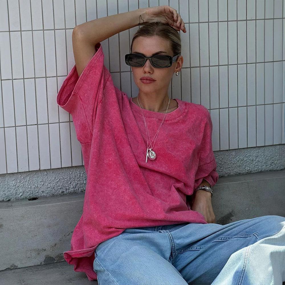 Washed and Worn Short Sleeved T-shirts for Summer Relaxation Round Neck Washed and Brushed Women’s T-shirts