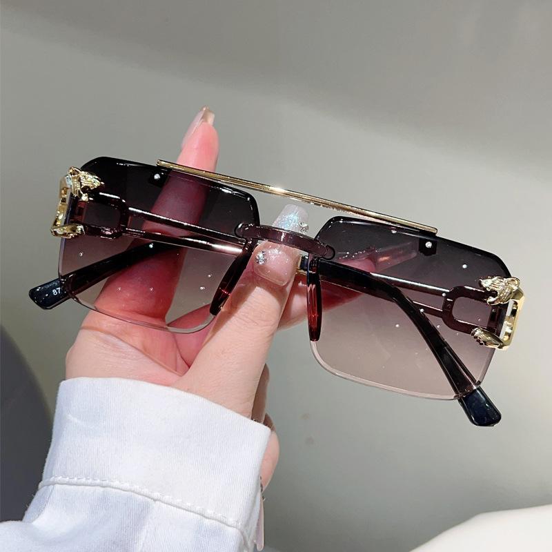 Men'S Handsome Fashion Leopard Head Trimmed Frameless Ocean Sheet Sunglasses Light Luxury Double Beam Driving Sunscreen Sunglasses