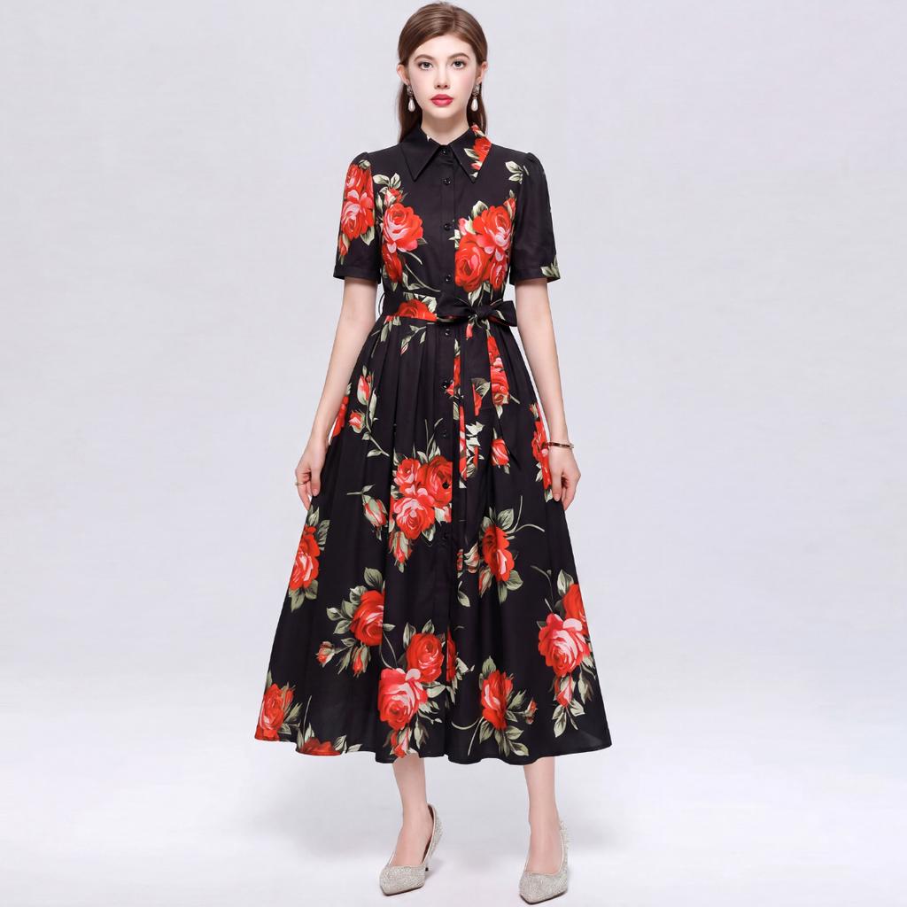 Elegant Gorgeous Flower Print Shirt Dress Women Summer Short Sleeve Collar Midi Dress with Sash Belt Vintage Style Party Wear