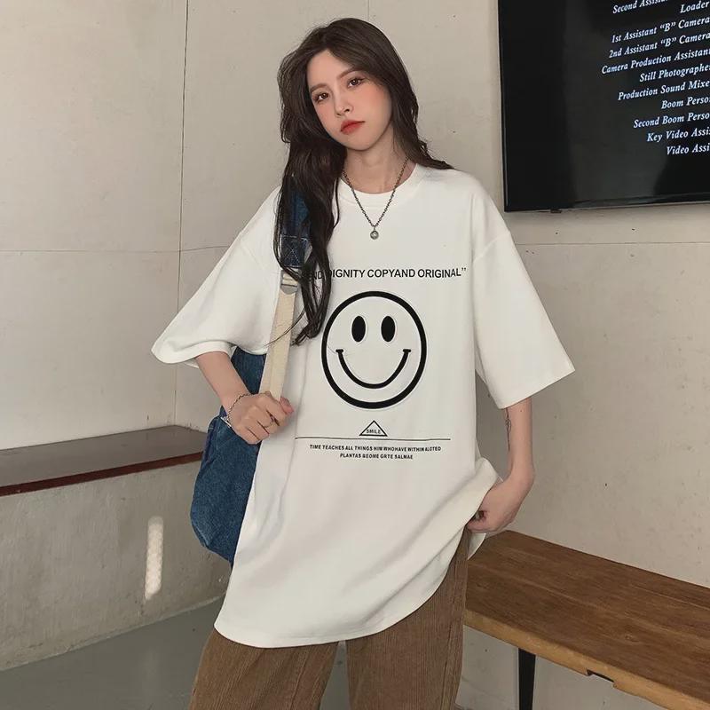 Damen-T-Shirt aus Baumwolle mit Smiley-Gesicht, lockere Passform, Kollektion Sommer 2025