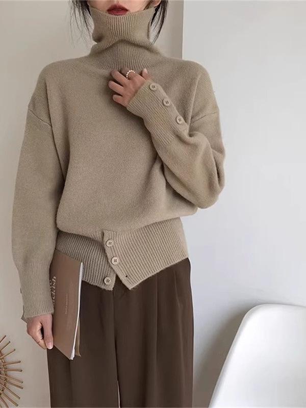Retro High Neck Button Sweater: Women's Autumn/Winter Solid Color Knit with Slit
