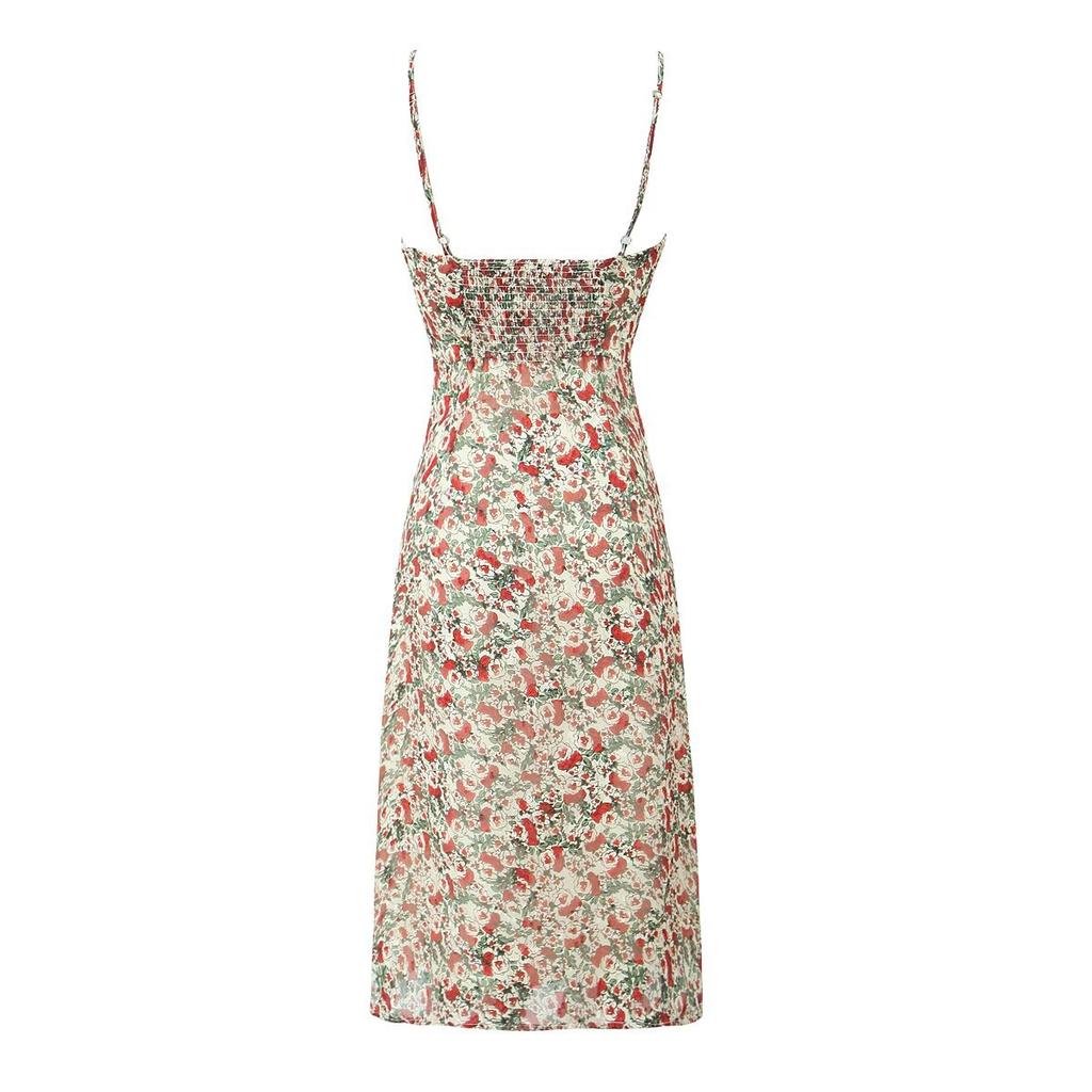 European and American style sexy back elastic printing suspender dress summer new waist slim holiday medium and long dress