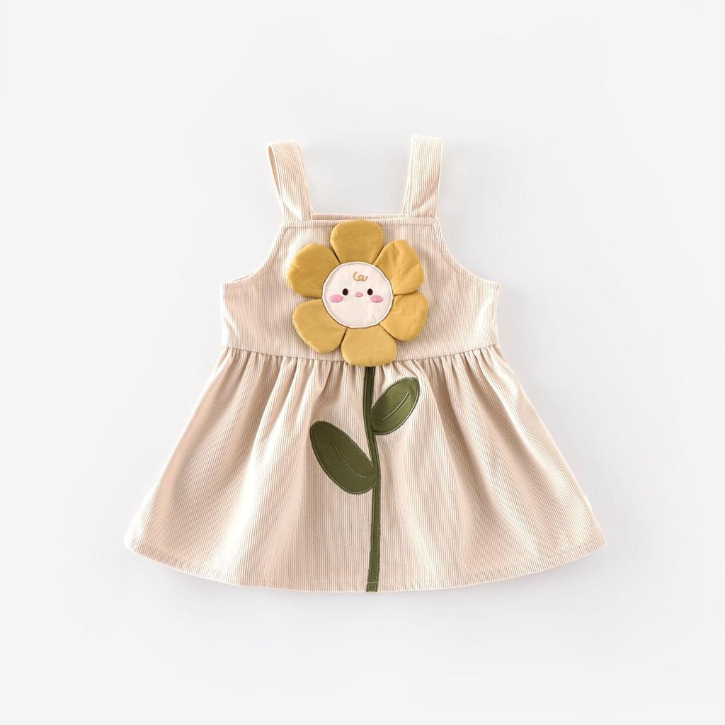 2025 Autumn Girls' Floral Embroidered Cartoon Suspender Dress - Korean Style