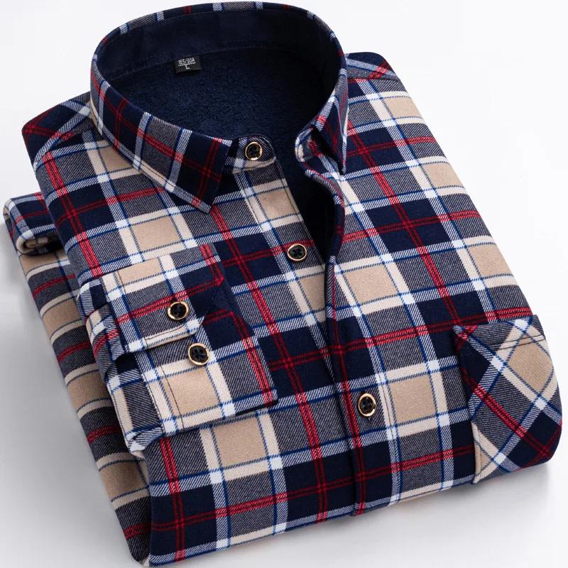 Men's Thickened Fleece Lined Long Sleeve Shirt Warm Slim Fit Plaid Casual Fashion Winter Shirt No Ironing Required Male Apparel