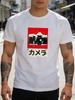 Unisex Navy Tee Vintage Old Camera Japanese Katakana Art Print Short Sleeve Loose Casual Basic Top For Adult Male Daily Wear Outfit
