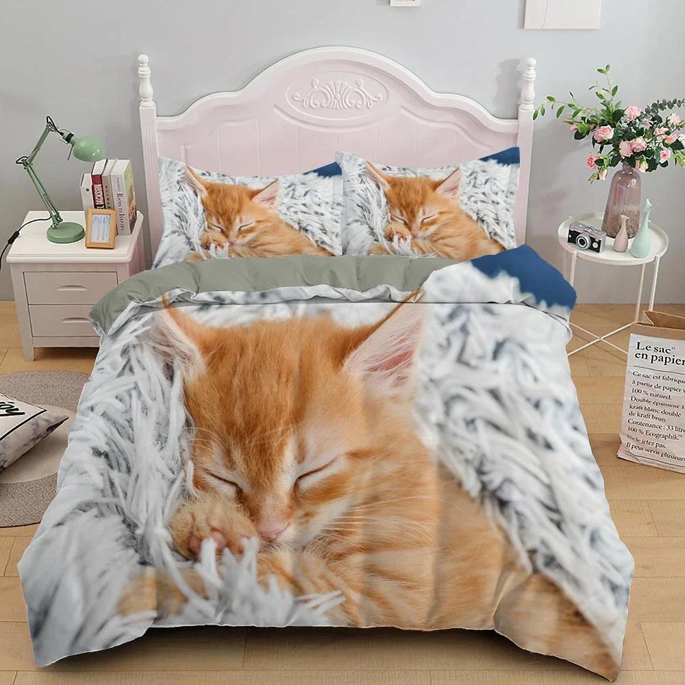 Cat Lovely Animal Kitten Comfortable Duvet Quilt Cover Pillowcase Bedding Set Children Bedroom Decoration Home Textile
