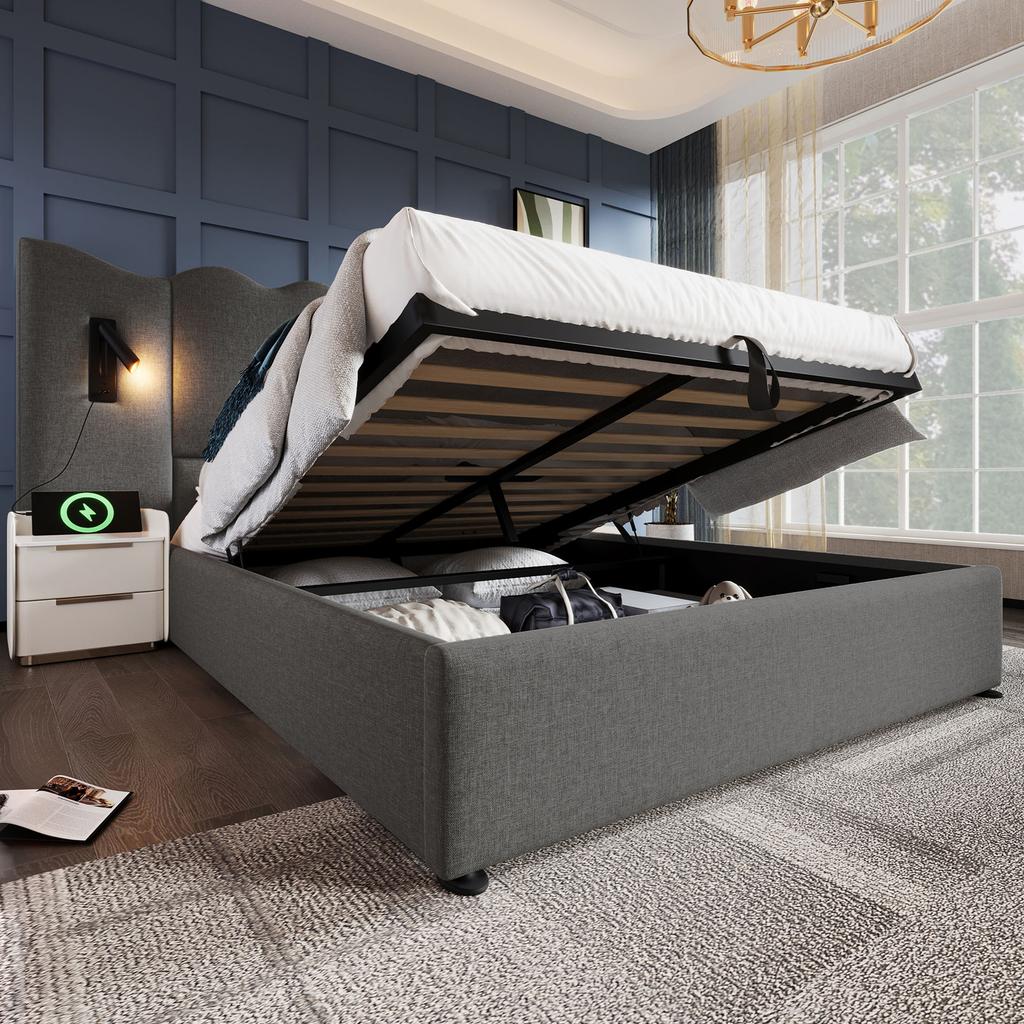 Upholstered Double Bed 180×200, Reading Lamp, USB Type-C Charging, Storage Bed Frame with Solid Wood and Metal Slats, Grey, Linen (Without Mattress)