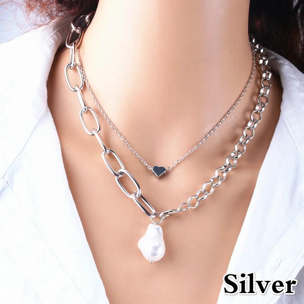 New Punk Heart Multilayer Pearls Pendants Necklaces Link Chain Heart Necklace Jewelry Gift Choker Steampunk Padlock Heart