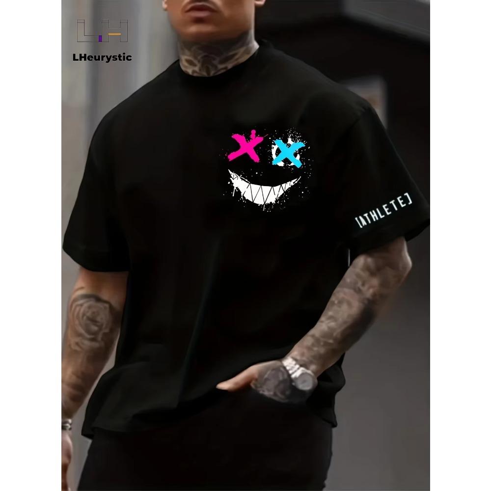 Men's Fashion Skeleton and Flower Happy Face Printed T-shirt Men's Casual Street Style Skeleton T-shirt Versatile Short Sleeve T