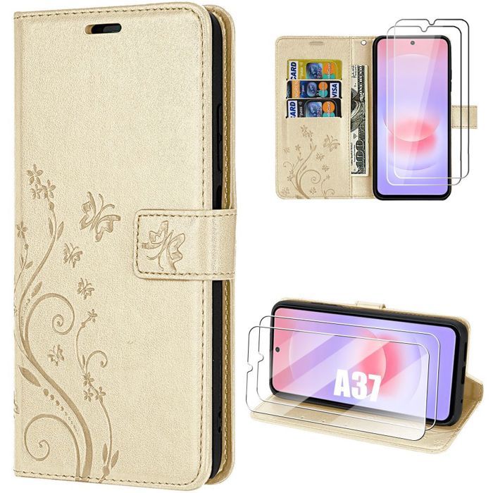 Coque + 2 Verres Trempés pour Samsung Galaxy A37 5G, Protection Cuir PU Motif Papillon Doré