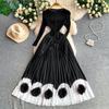 Elegant V-neck Long Sleeve Pleated Dress for Women Orange Red Pearl Trim Belted Waist 3D Flower Hem Midi Dresses Women