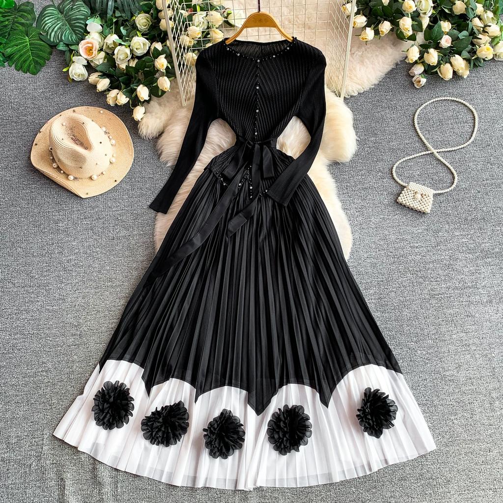 Elegant V-neck Long Sleeve Pleated Dress for Women Orange Red Pearl Trim Belted Waist 3D Flower Hem Midi Dresses Women