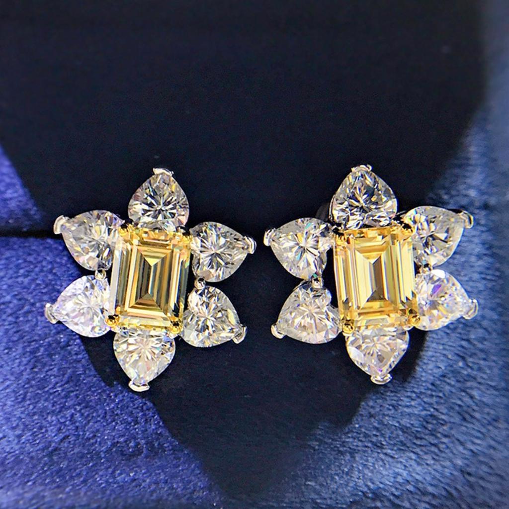 Yellow Zircon Flower Stud Earrings Sparkling Wedding Banquet Jewelry