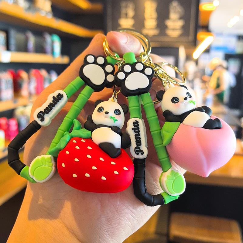 Fruit Panda Keychain Banana Strawberry Peach Watermelon Cute Cartoon Couple Doll Machine Student Gift Y2k Fashion Toys Anime