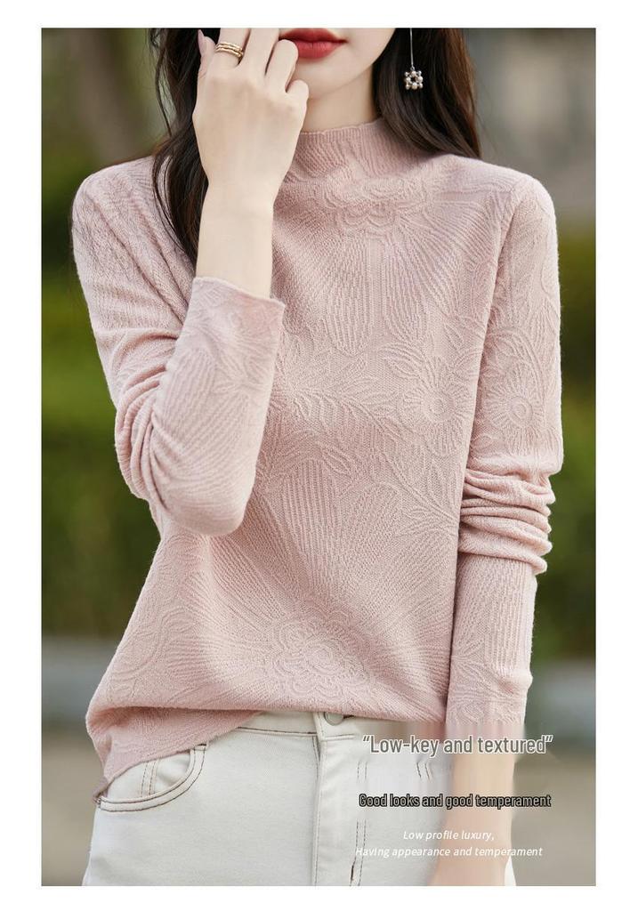 Women's Korean-Style Wool Knit Sweater - Autumn Collection, Half-High Neck, Carved Design