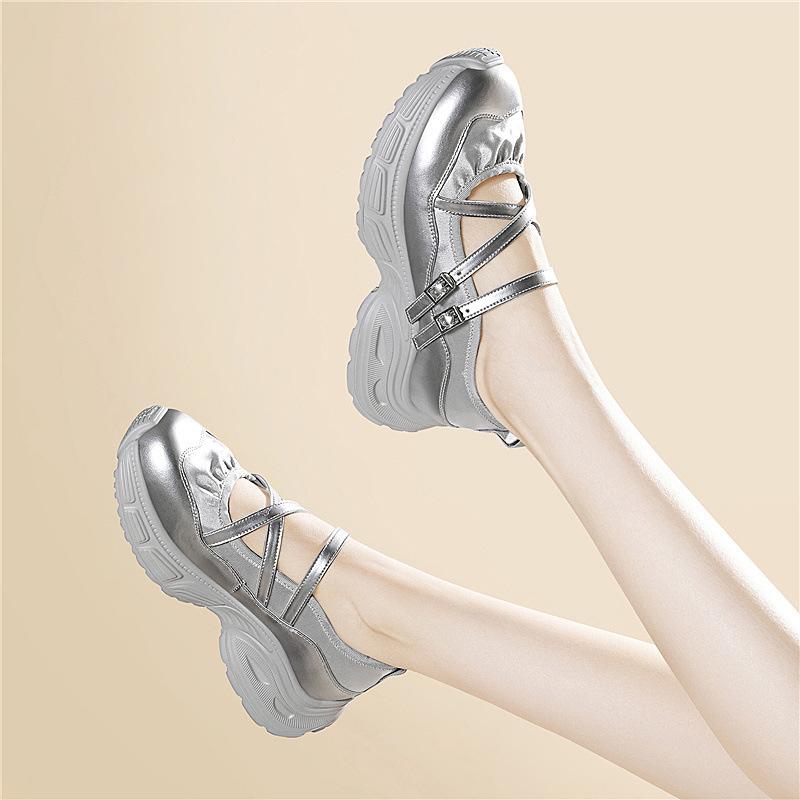 Silver Mary Jane Single Shoes Women's Height-Boosting Platform Fashion Sandals Ballet Style Soft Sole Athleisure Bow Women's Shoes