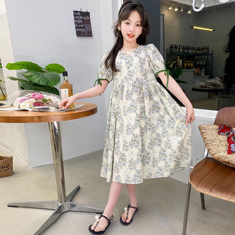 Girls' Summer Sweet Bubble Sleeves Floral Princess Dress