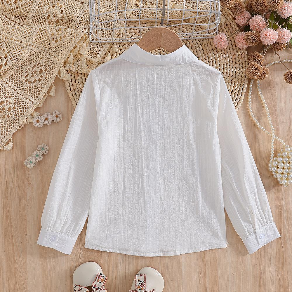 5-12 Years Girls White Lace Blouse Long Sleeve Peter Pan Collar Black Bow Soft Cotton Kids Daily School Shirts