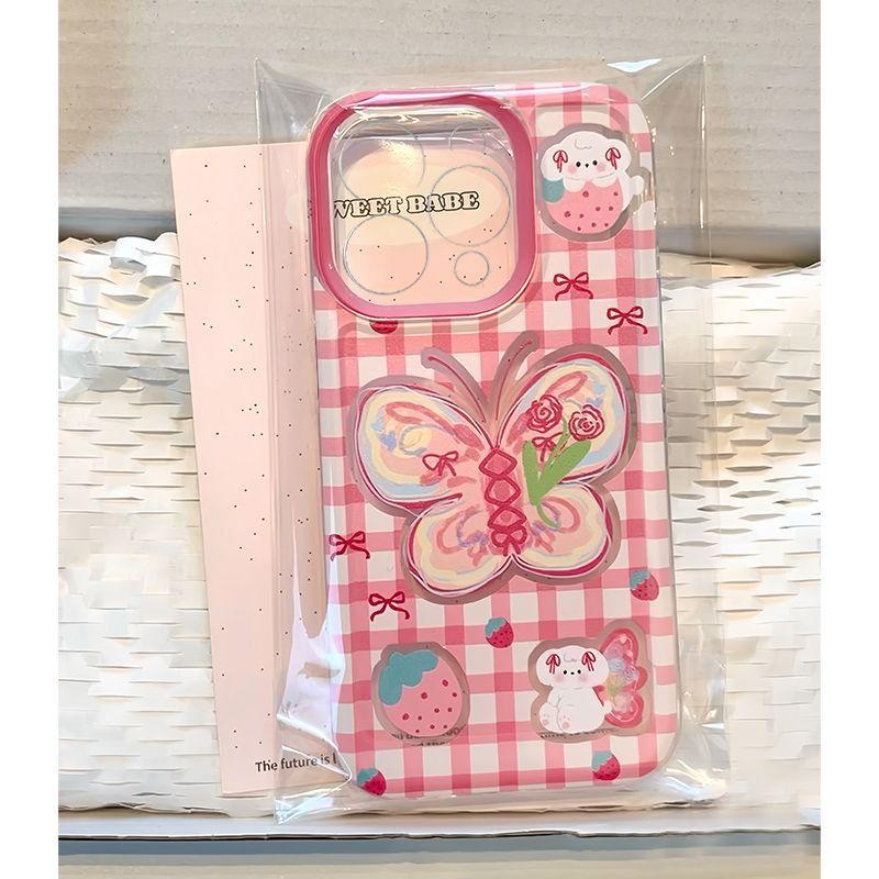 Doodle Suitable for Apple 16pro Butterfly Phone Case Iphone14 Space 15 Cute Pink and White Checkered Protective Case