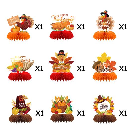 9 Pcs Fall Honeycomb Centerpieces Thanksgiving Paper Pumpkin Maple Leaf Turkey 3D Honeycomb Table Decoration for Autumn Harvest Party Favors