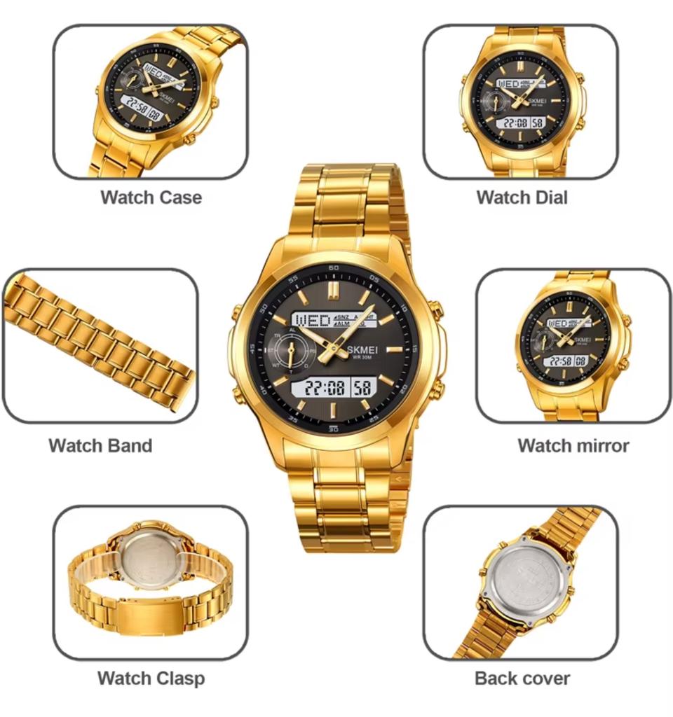 Model 2284 Business Steel Watch Waterproof Belt Double Display Quartz Watch Silver