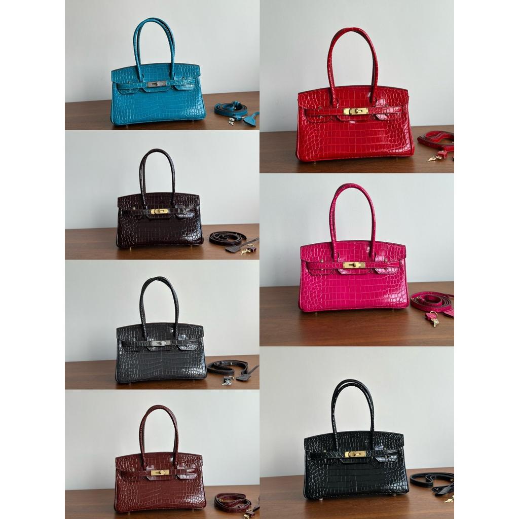 Popular Crocodile Pattern Horizontal Plate Platinum 30cm Genuine Leather Women's Bag, European and American Fashion Cowhide Large Bag, Commuter