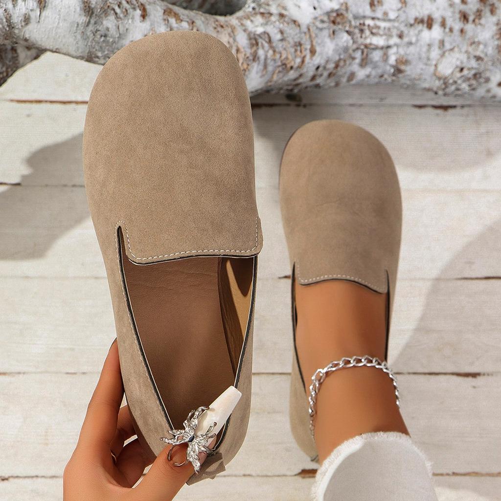 Lässige Slipper Damen Kuhveloursleder Runde Zehenpartie Täglich Weiche Schlupf-Laufschuhe Weiblicher Komfort Büro Pendeln Flache Schuhe Frau