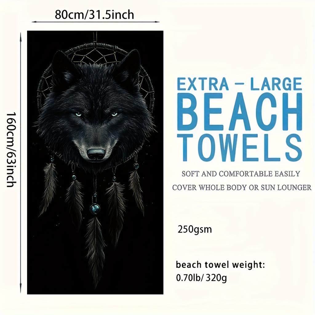 Fierce Wolf Art Beach Towel, Retro Fantasy Theme Quick-Dry Sand-Free Microfiber Bath Towel for Home, Bathroom and Outdoor Travel