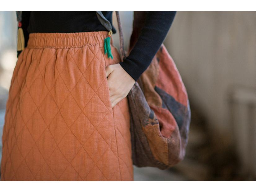 Women's Retro Mid-Length A-Line Skirt: Winter Quilted Diamond Plaid, Ramie Cotton, Loose Chinese Style