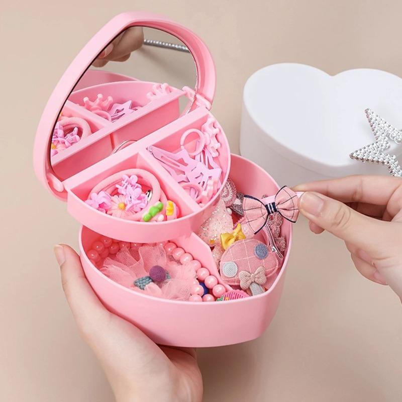 Hair Accessories Box Jewelry Storage With Mirror Pink Hair Clips Rubber Band Organiser For Girls Children Portable Travel Case