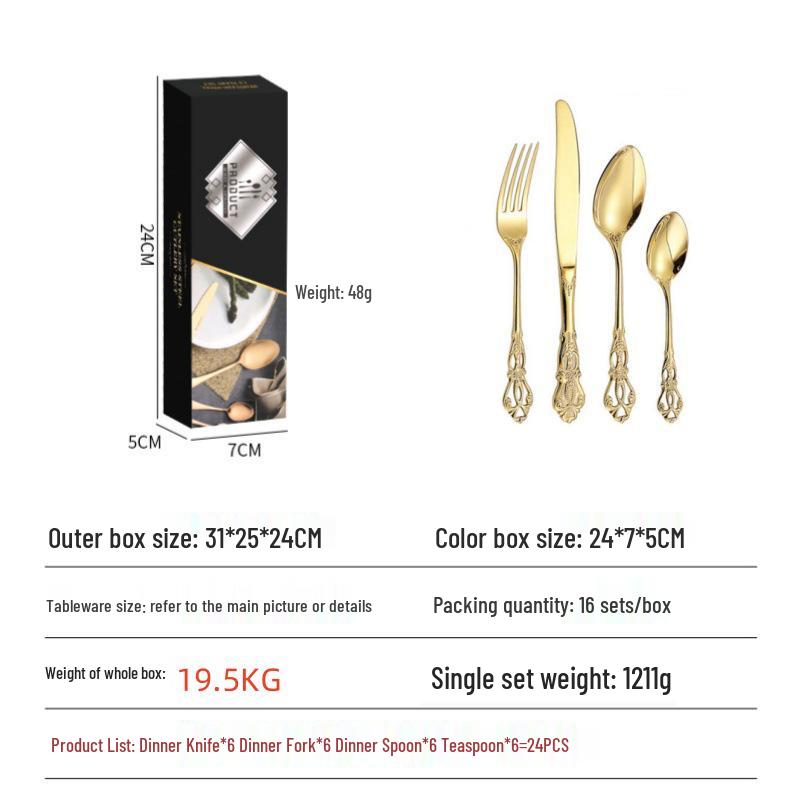 Royal Court 24-Piece Stainless Steel Cutlery Set - Embossed Hollow Steak Knives, Forks, and Spoons