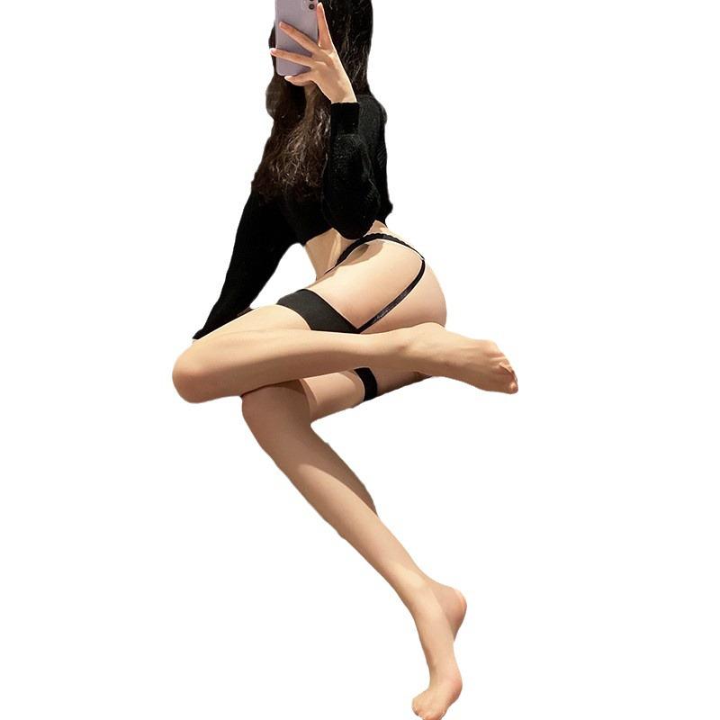 Seductive Black Silk Open Crotch Lingerie Stockings with Garter - Perfect for Midnight Passion