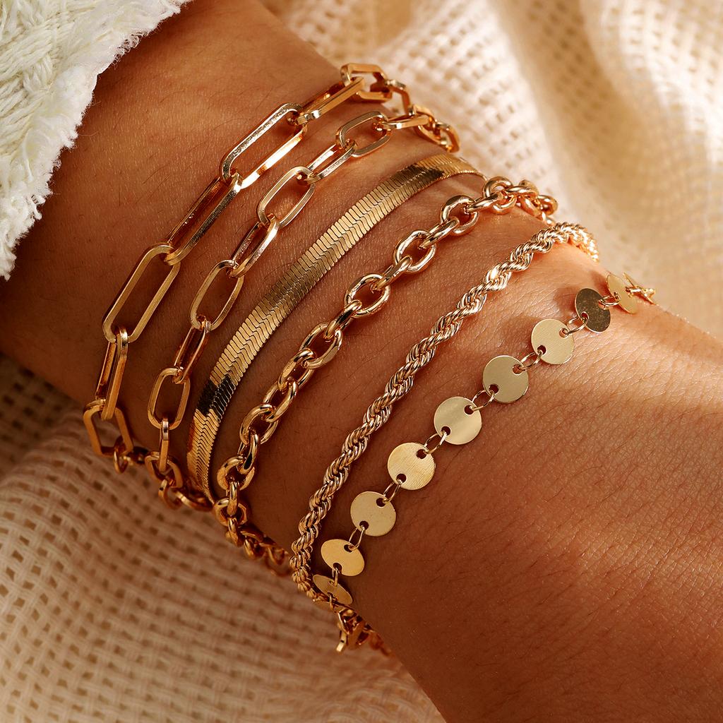 6pcs/set Exquisite Gold Color Cuban Chain Bracelets Set for Women Vintage Chic European And American Bracelet Daily Wear Jewelry