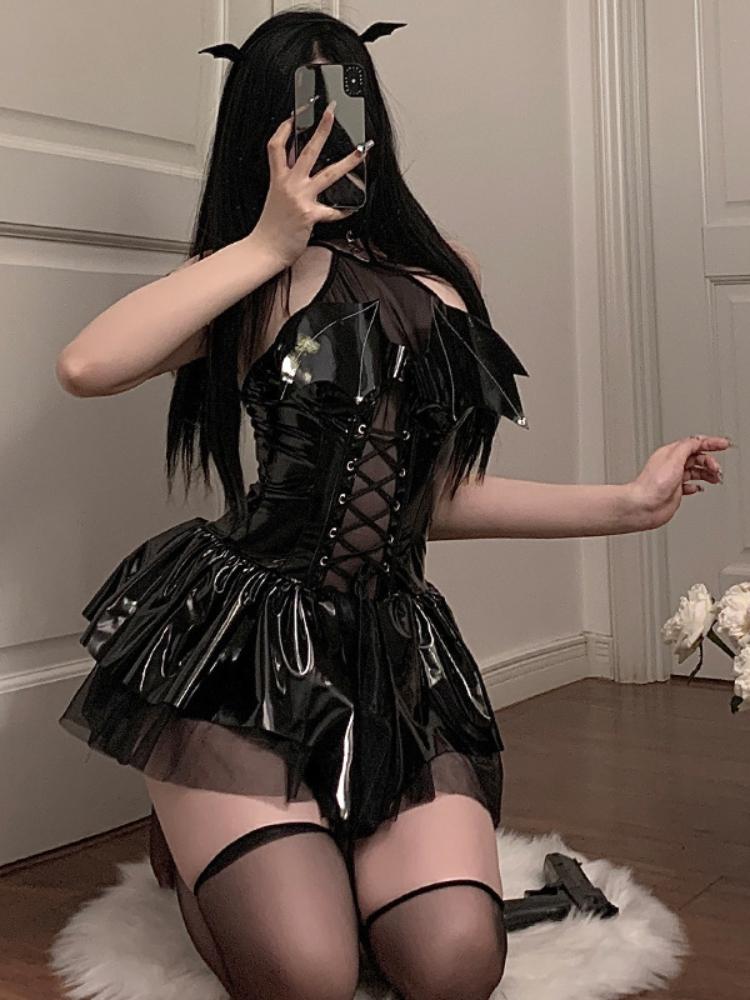 Cosplay Costume Halloween Sexy Dress Little Devil Dress Festival Party Gift Patent Leather Strap Neck Hanging Dress Uniform Set