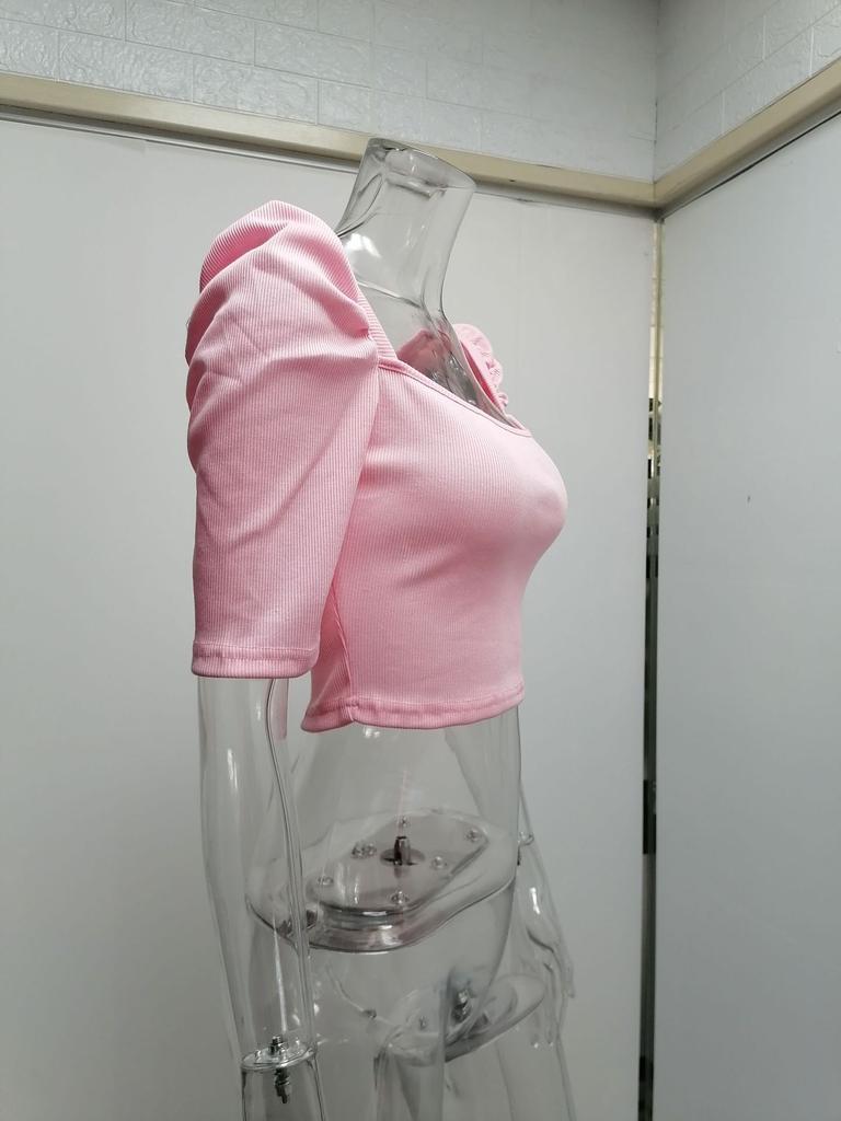 Women's Spring New Women's Simple Square Neck Puff Sleeve Top Women's Short Sleeve