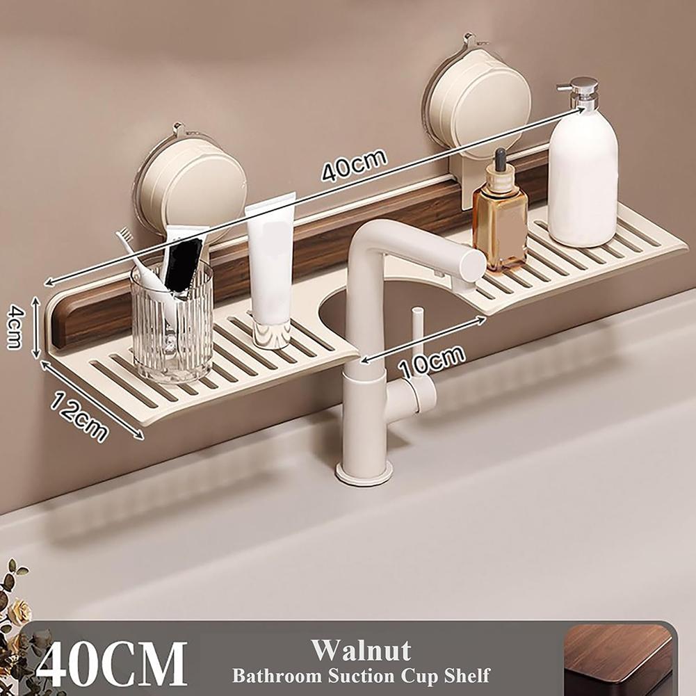 Walnut Suction Cup Bathroom Shelf No Drilling Faucet Organizer Rack Over Faucet Sink Rack for Bathroom