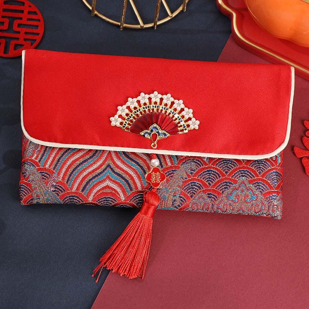 New Year Blessing Words 2025 Money Pocket Brocade Cloth Tassel New Year Money Bag Chinese Wedding