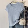 Solid Color Shoulder Short-sleeved T-shirt Women's, Summer Design Sense Thin Thin Ice Silk Knitted Sweater Crew Neck Top