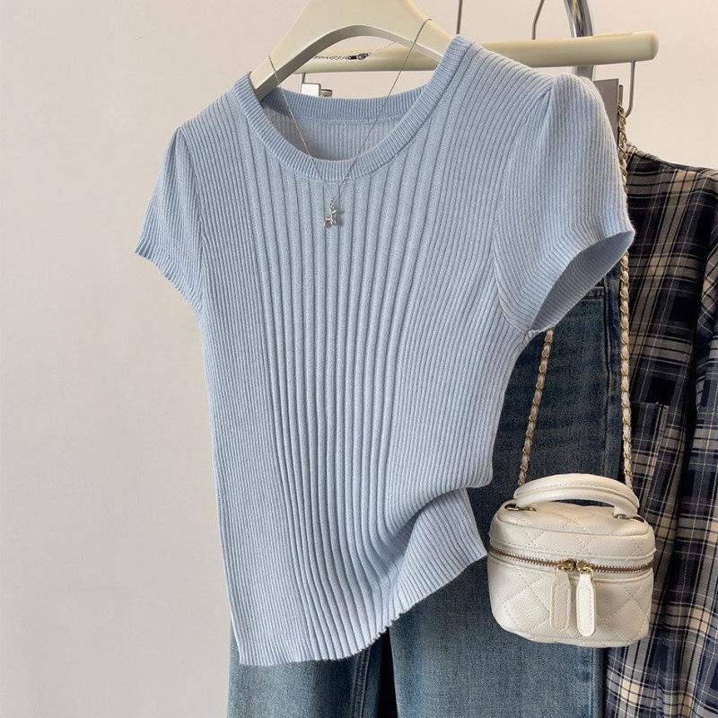 Solid Color Shoulder Short-sleeved T-shirt Women's, Summer Design Sense Thin Thin Ice Silk Knitted Sweater Crew Neck Top