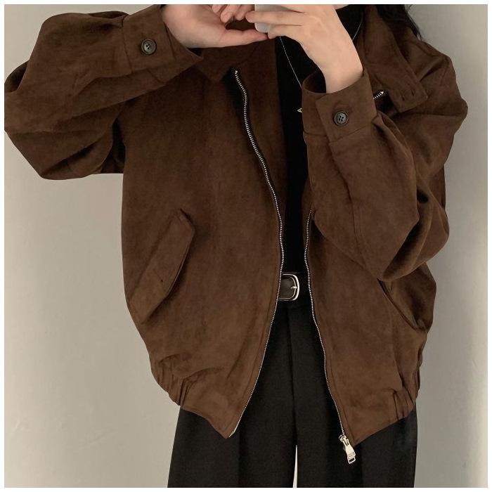 Trendy 2026 Spring/Autumn Women s Petite Retro Suede Jacket S