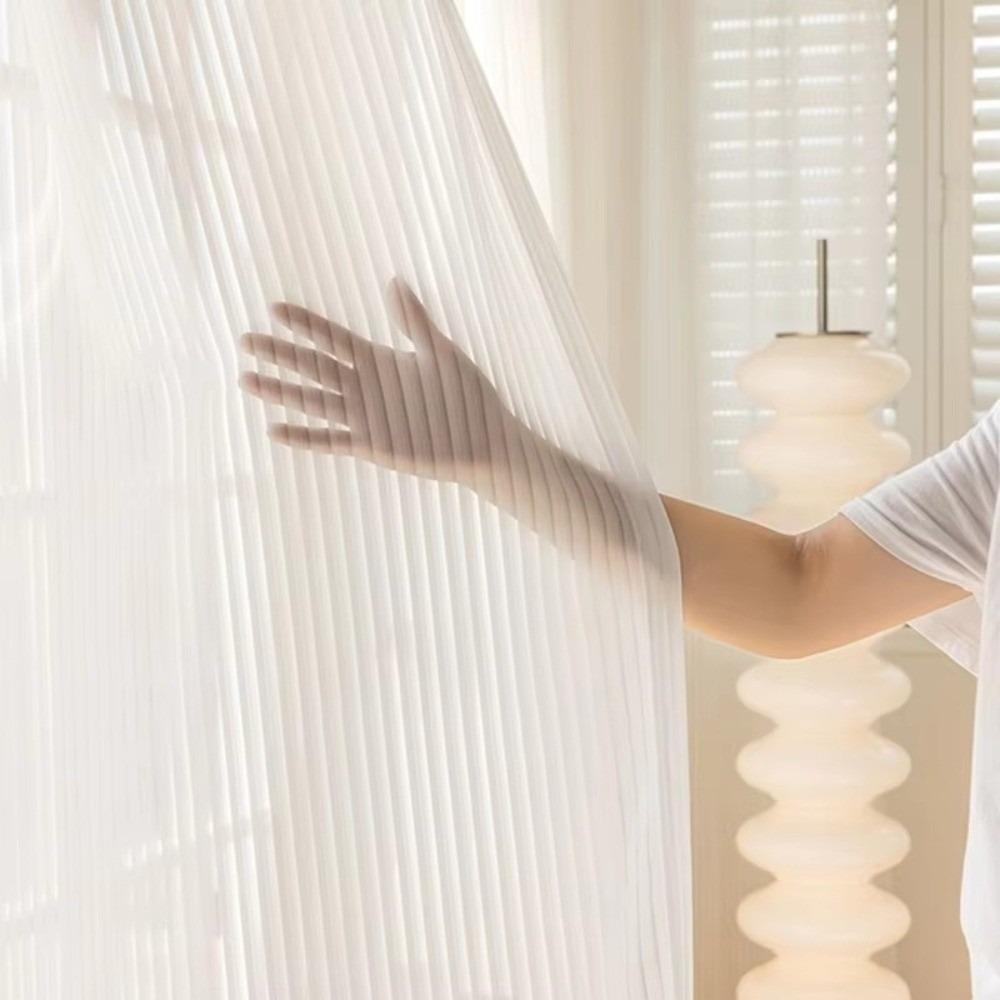 Soft Chiffon White Tulle Curtains 100*200cm Transparent Blinds Style Curtains Striped Vertical Breathable Privacy Sheer Curtain
