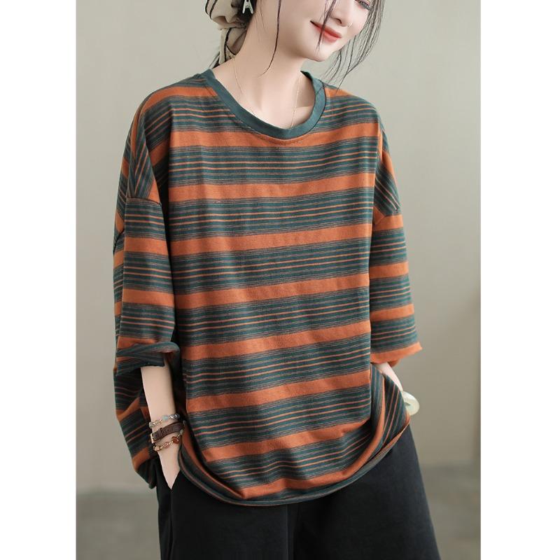 DIMANAF 2025 Summer T-shirt Women Spliced Stripe Printing Short Sleeve Loose Black