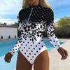 Women Long Sleeve One Piece Swimsuit Zip Front  Flower Branches and Leaves  Print Rash Guard Surfing Bathing Suit