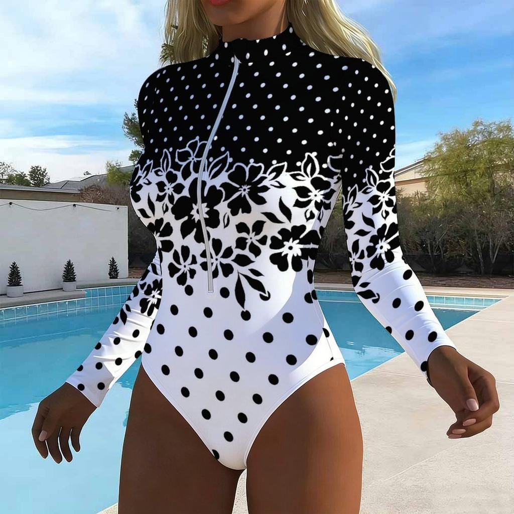 Women Long Sleeve One Piece Swimsuit Zip Front  Flower Branches and Leaves  Print Rash Guard Surfing Bathing Suit